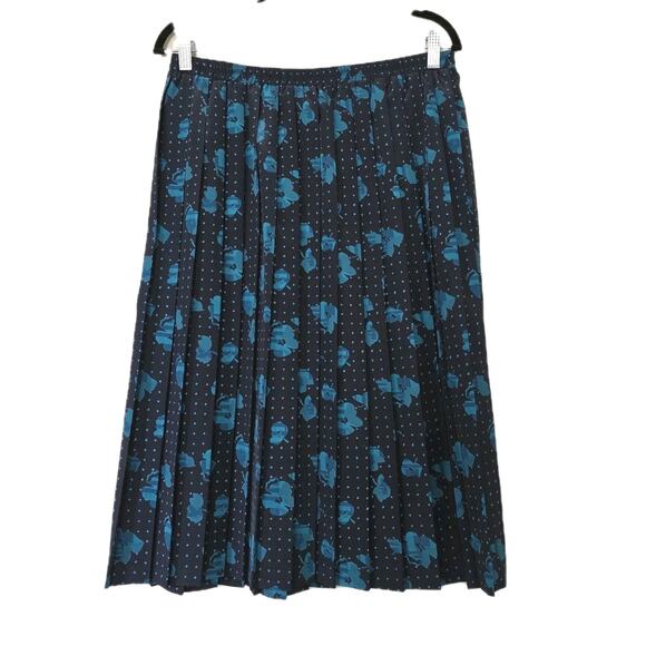 Vintage Floral Pleated Midi Skirt Women 16 Cottagecore Artsy Boho Teacher Blue - Picture 1 of 9